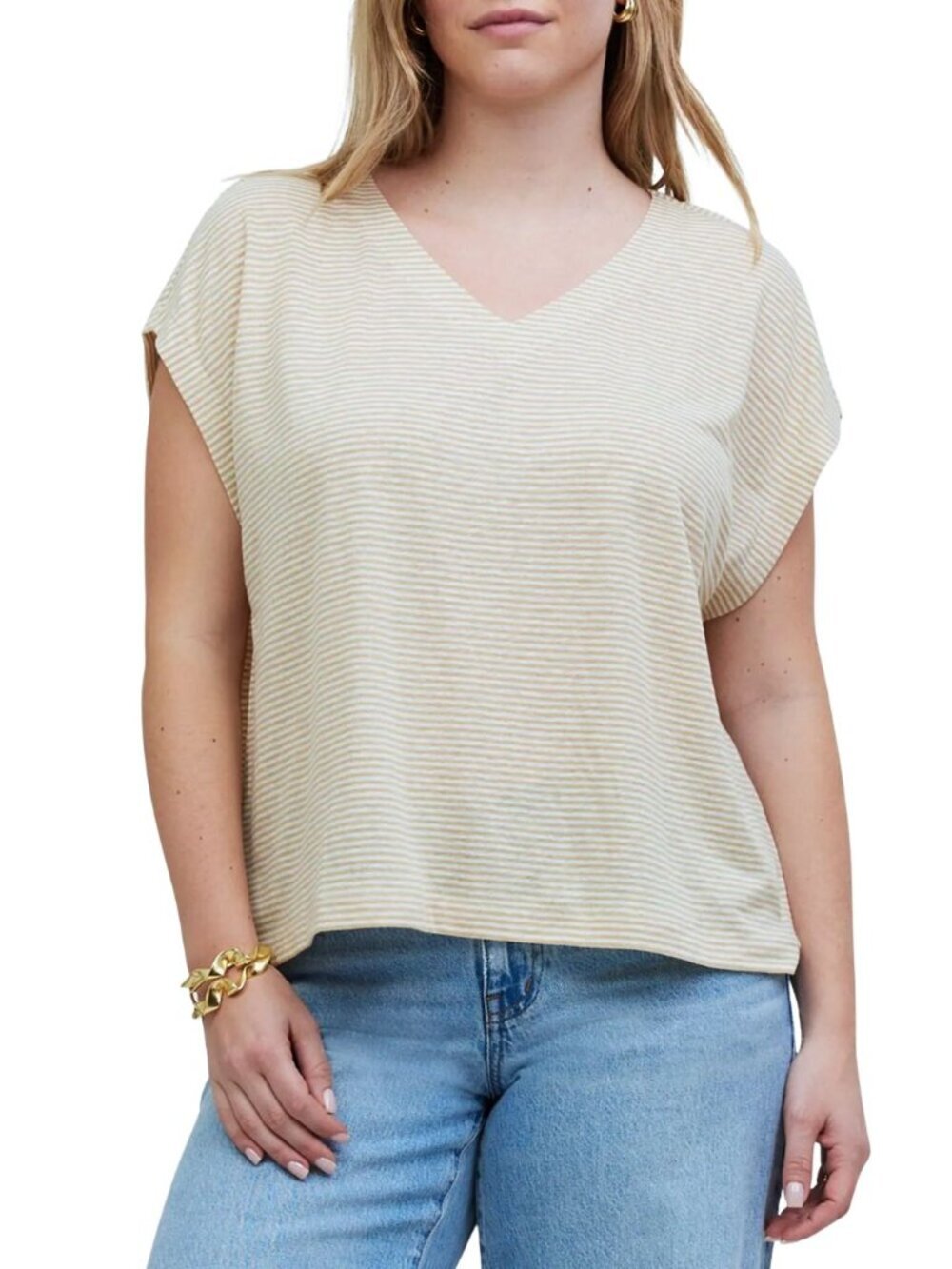 NWT Madewell Relaxed Vneck Short Sleeve Linen Tee Tan Stripe Medium